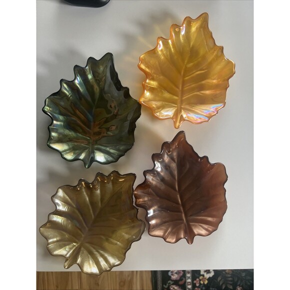 Handmade Iridescent Glass Leafs Plates Set Of 4. -Autumn decor - Picture 1 of 7